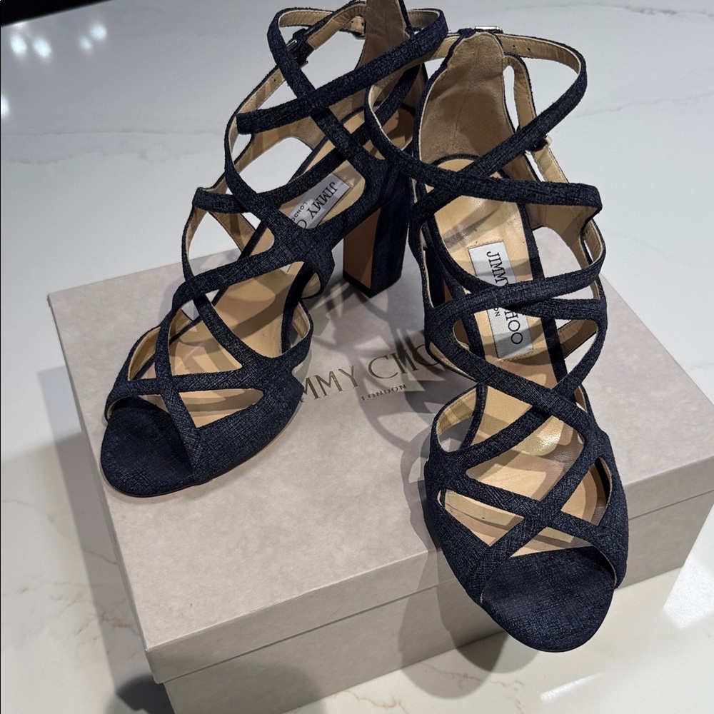 Jimmy Choo Dillan 85 Light Indigo Ankle Strap Heels